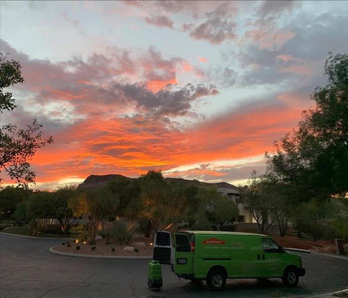 A SERVPRO truck at sunset.